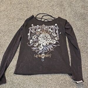 NWT Affliction Women Wildflower  Graphic Long Sleeve Top Moto Sz XS